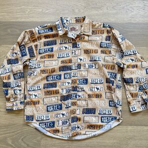 Barn Fly Top Women Large Southwest States License Plates Allover Print Button Up